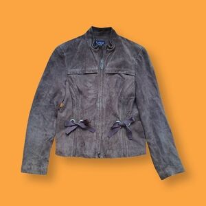 Y2k Vintage Brown Suede 100% Leather Jacket Coat W/ Bows Button Up Sz Medium
